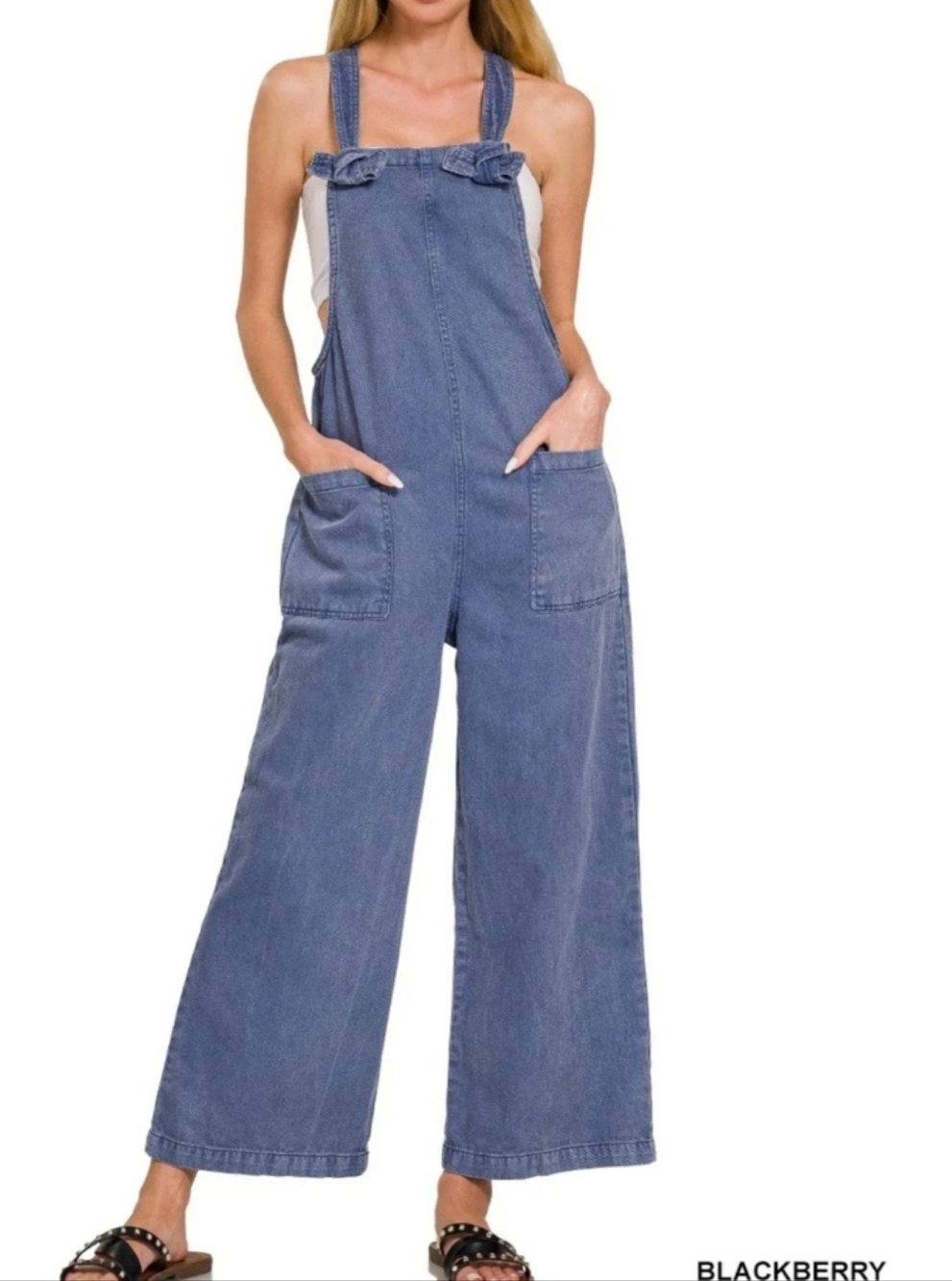 Zenana Womens Blue Washed Denim Knot Strap Jumpsuit Overalls Wide Leg S,M,L  NEW